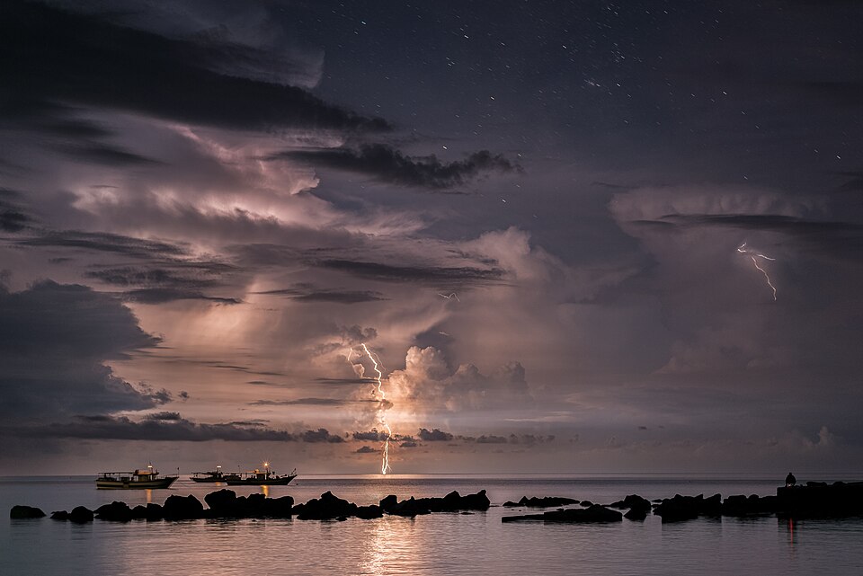 Lightning over boats moored off the Galite Islands, Tunisia